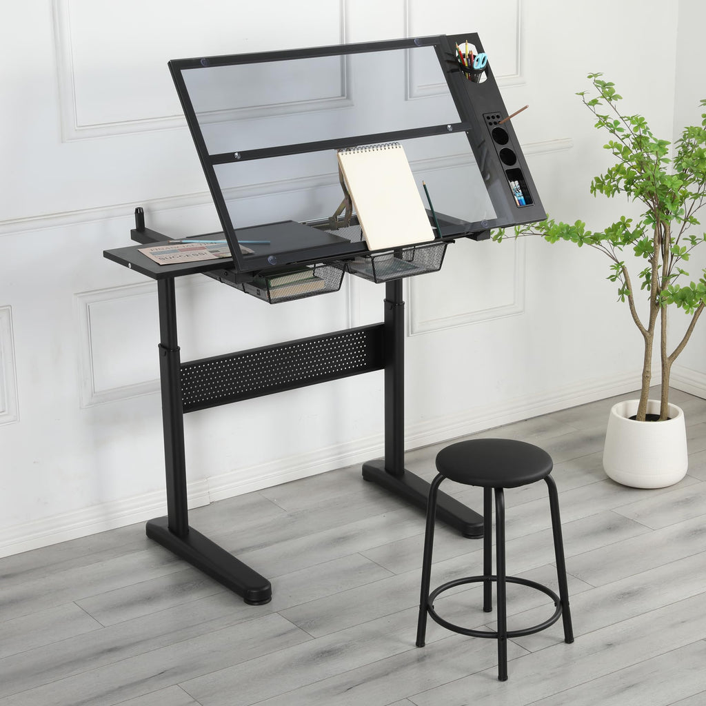 Glass Drafting Table Art Desk â Adjustable Professhional Artwork Drawing Drafting Table Desk, Glass-Topped Art Table for Craft Station Studio Home Office School w/Drawers (Black)