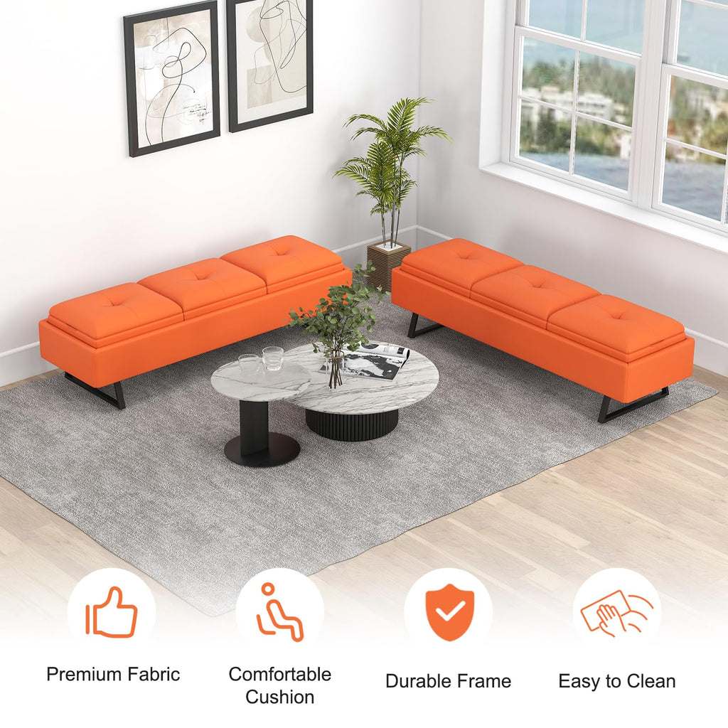 MOTION Leather Bench Waiting Room Chairs - 3 Seat Office Guest Reception Bench with Cushion, Waiting Room Bench Seating, Office Furniture Lobby Chairs for Salon, Shop, Set of 2, Orange
