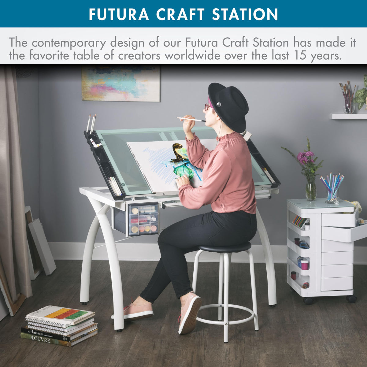 SD Studio Designs 10096 Futura Station with Folding Shelf Top Adjustable Drafting Craft Drawing Hobby Table Writing Studio Desk with Drawer, 35.5'' W x 23.75'' D, White/Clear Glass