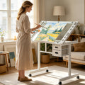 Rolling Drafting Table with Storage and Wheels, Tempered Glass Table Top