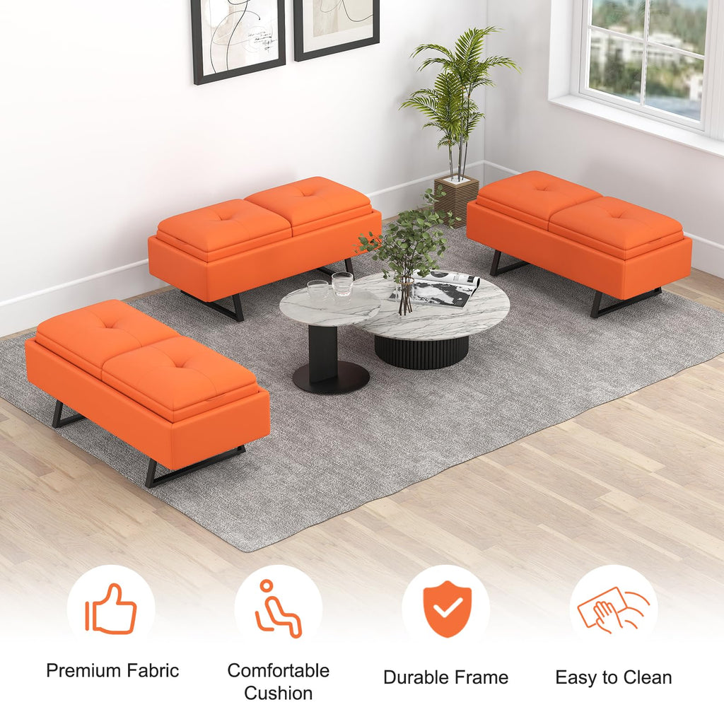 MOTION Leather Bench Waiting Room Chairs - 3 Seat Office Guest Reception Bench with Cushion, Waiting Room Bench Seating, Office Furniture Lobby Chairs for Salon, Shop, Set of 2, Orange