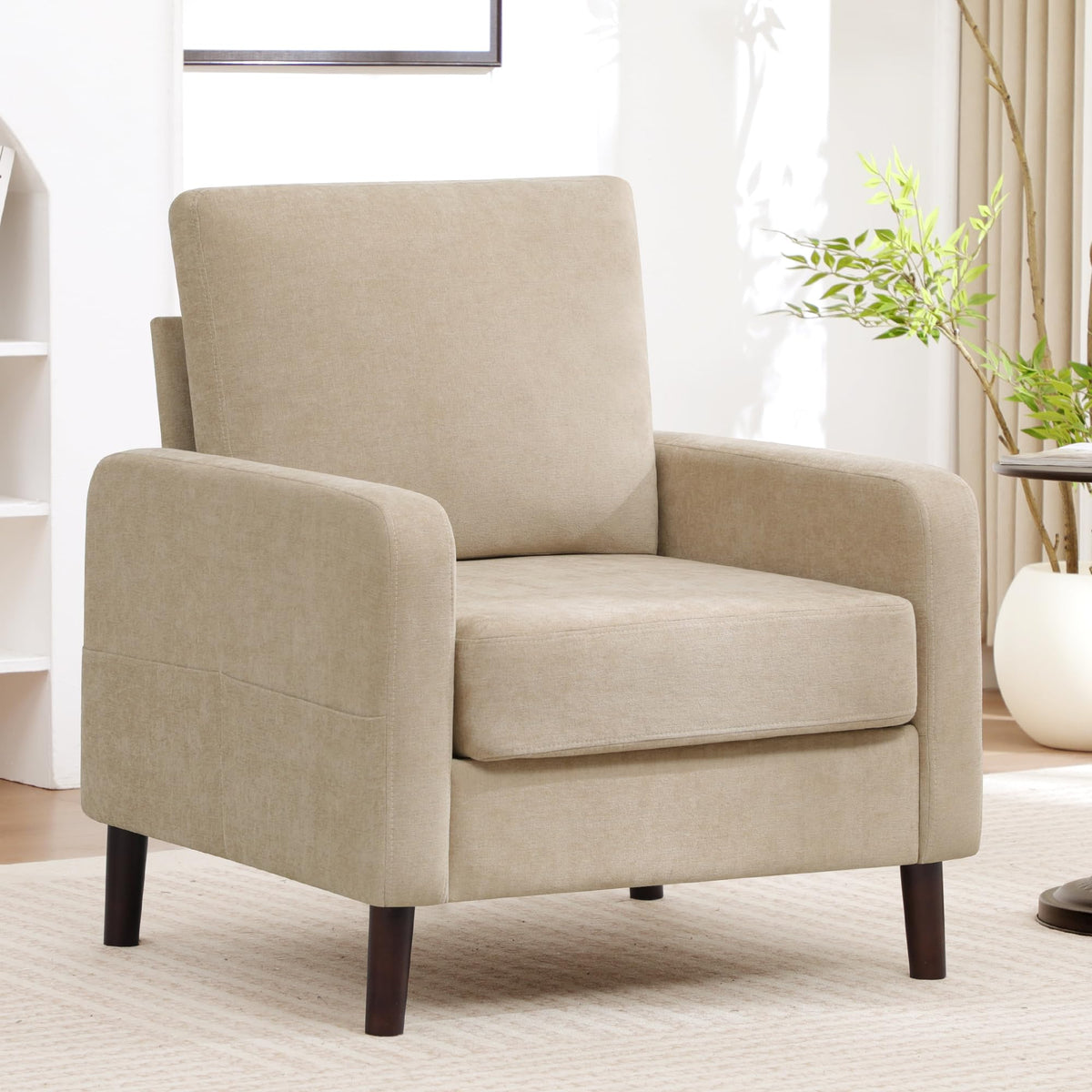 Accent Chair Set of 2, Upholstered Living Room Chairs with Wood Legs and Side Pockets, Modern Reading Chair for Bedroom, Armchair Single Sofa Side Chair for Office, Small Room, Dark Grey