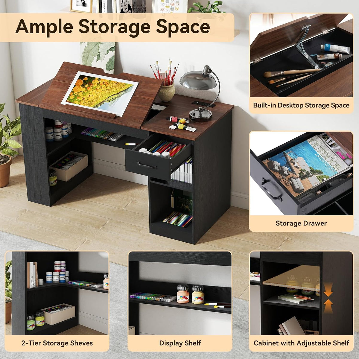 Verano Garden 55.1" Drafting Table, Craft Art Table, Computer Desk, Black