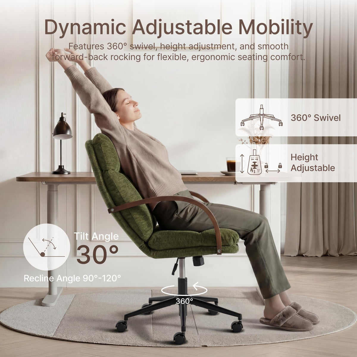 KISLOT Home Office Desk Chair, Ergonomic Office Chair with Lumbar Support, Adjustable Swivel Computer Chair with Wheels, Faux Leather Executive Task Chair with Wood Arms, Set of 2, Brown