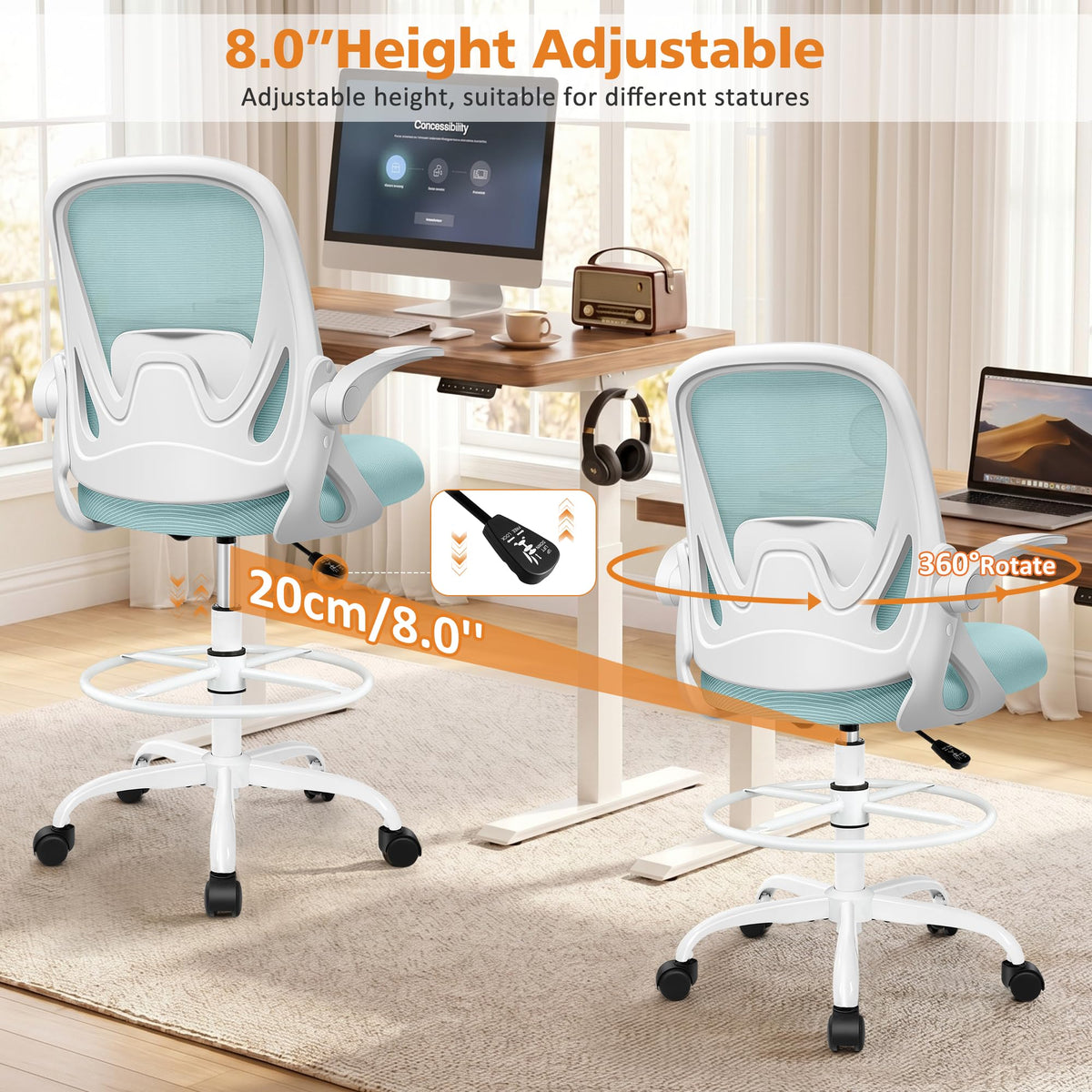Drafting Chair Tall Office Chair with Flip-up Armrests, Adjustable Height, and Enhanced Lumbar Support - Ergonomic Rolling Stool, Back Support, and Adjustable Foot Rest Ring for Standing Desk White