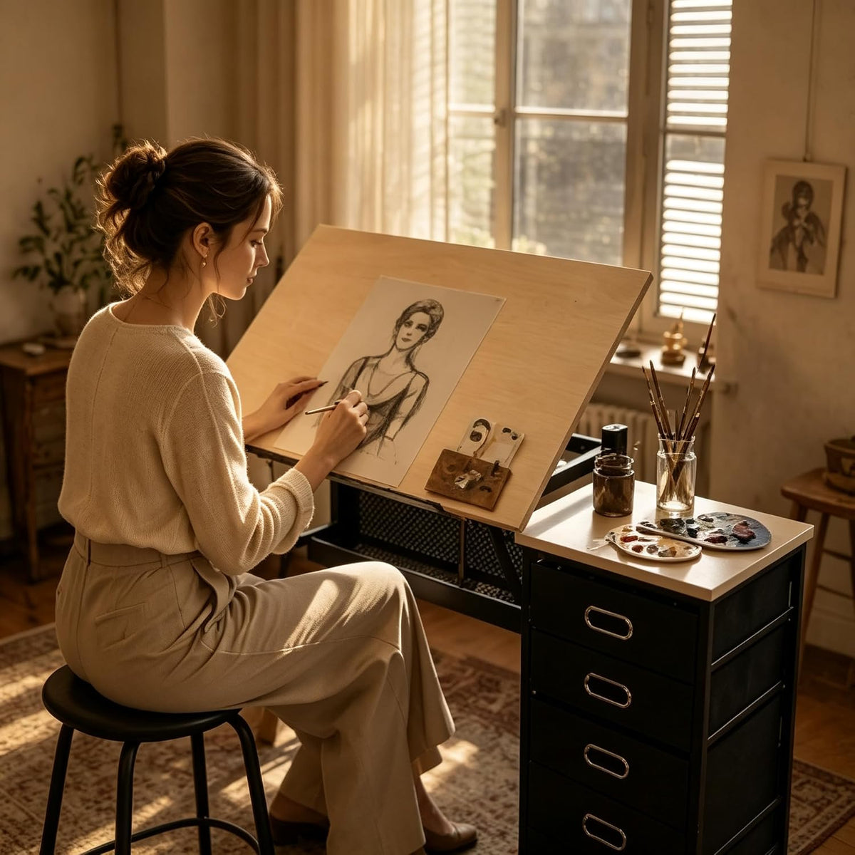 0â75Â° Tilting Drawing Desk, Adjustable Drafting Table with 3 Fabric Storage Drawers,Art Desk with Maple Wood Top & Heavy-Duty Steel Frame for Painting, Sketching, Drafting & Home Office