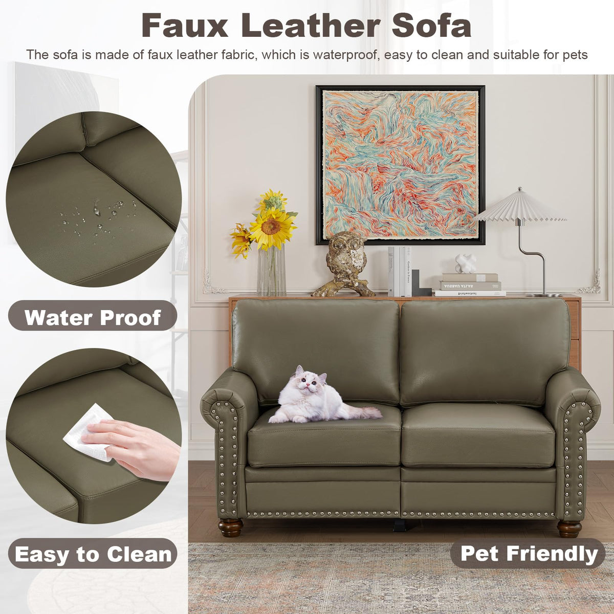 2 Piece Faux Leather Sofa Set,Modern Couch and Loveseat Sets with Storage,Mid Century Couch with Rivet Rolled Arm,Comfy Deep Seat Sofa,Furniture for Living Room,Office(Loveseat+3 Seater,Navy)