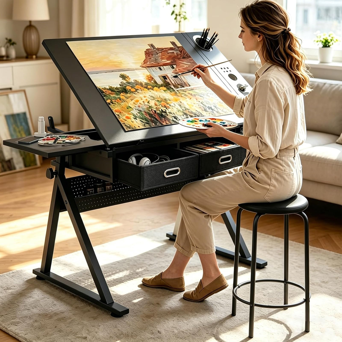 Height Adjustable Tilt Drafting Table with 2 Storage Drawers & Stool Brown