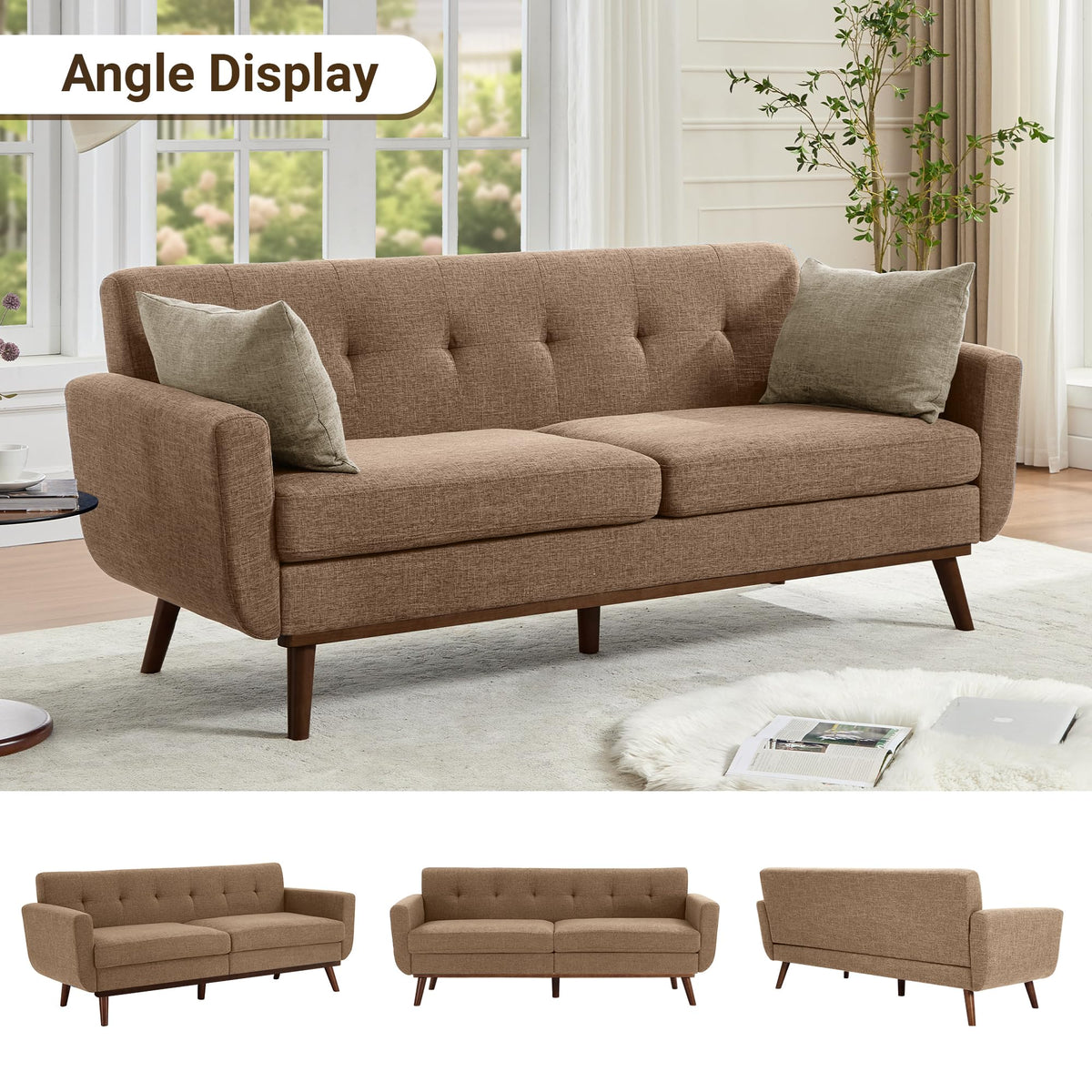 Kingfun 2 Piece Loveseat and Sofa Sets, Mid Century Modern Love Seat Couches for Living Room, Button Tufted Upholstered Furniture, Small Couch for Bedroom, Office, Beige