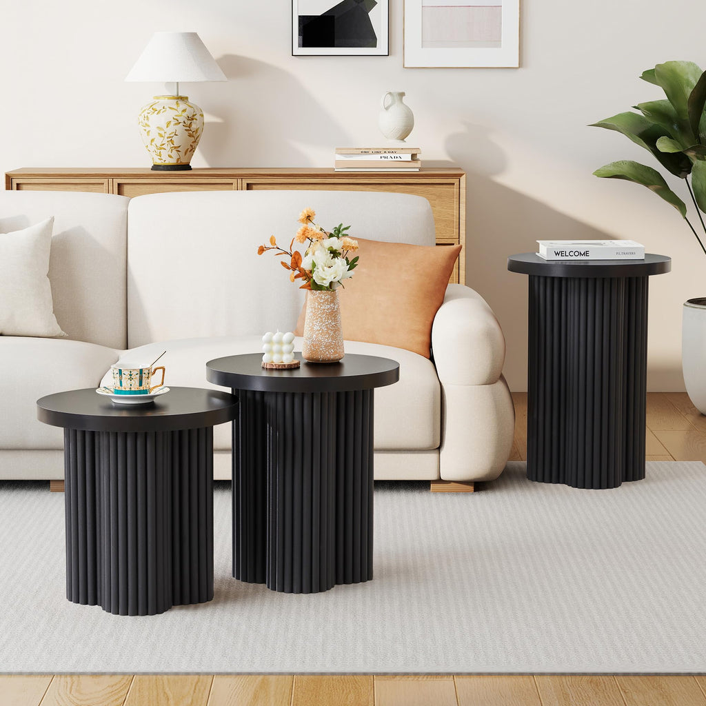 Round Nesting Coffee Table Set of 3 Fluted Coffee Table (Natural)