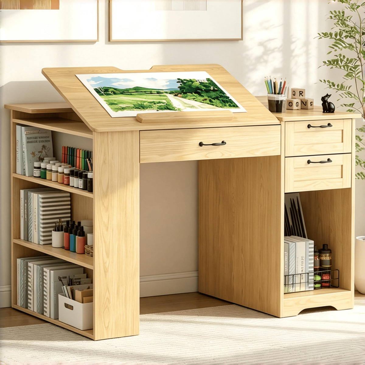 Drafting Table with Storage Cabinet & Drawers, Adjustable Drawing Desk with Open Shelves, Craft Table Painting Desk for Artists, Painters, Drawing, Crafting, Reading, Writing, Working