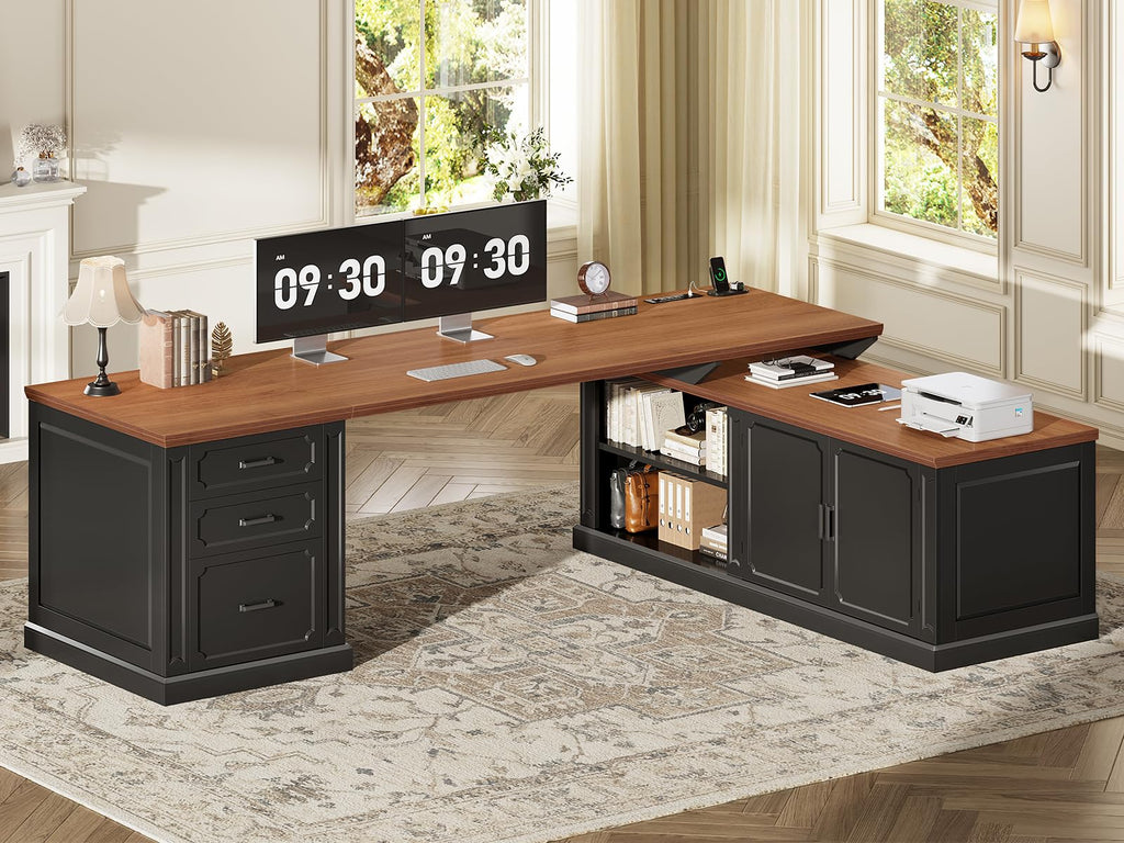 SEDETA Farmhouse 70.9" Executive Desk, Home Office Desk with File Drawers and Storage Cabinet, Computer Desk with Power Outlet for Home Office, Work Study Writing, Black+Brown