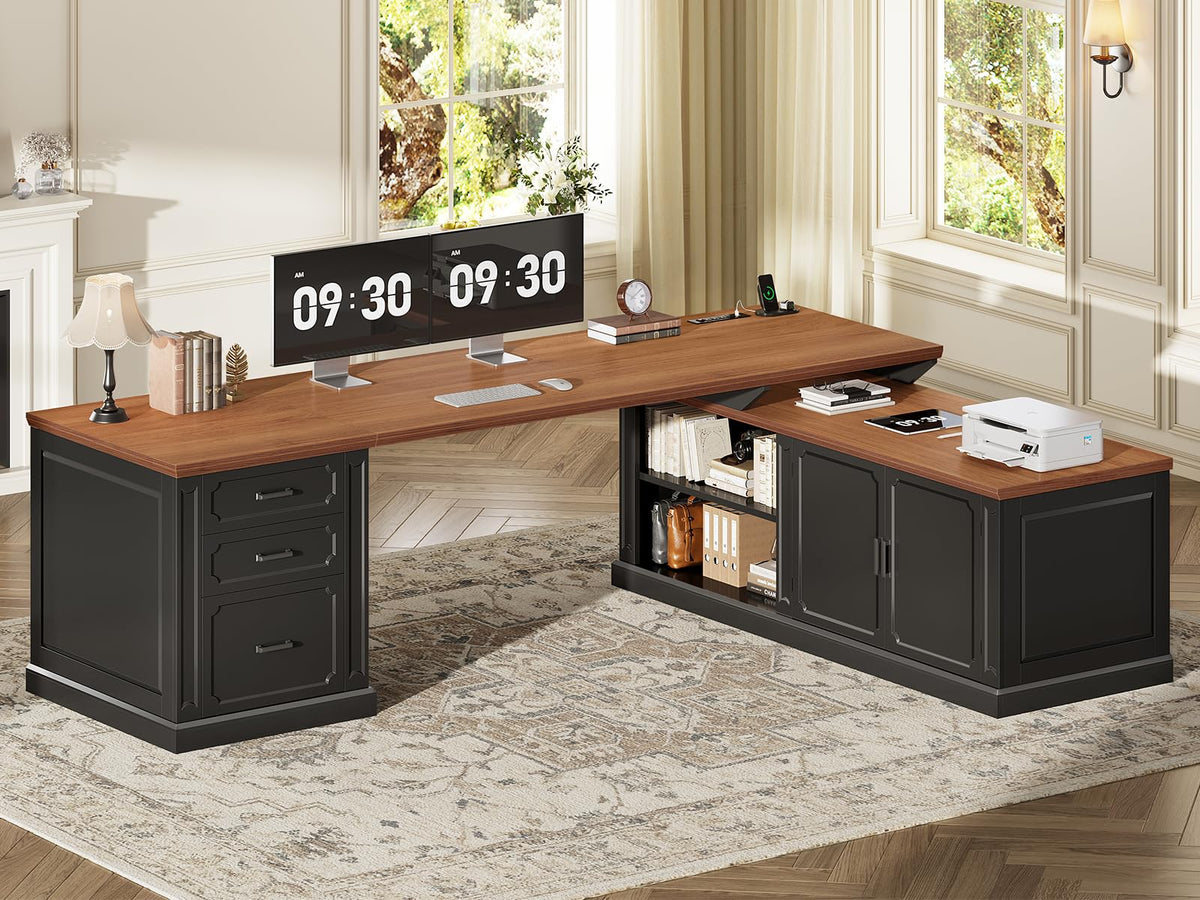 SEDETA Farmhouse 70.9" Executive Desk, Home Office Desk with File Drawers and Storage Cabinet, Computer Desk with Power Outlet for Home Office, Work Study Writing, Black+Brown