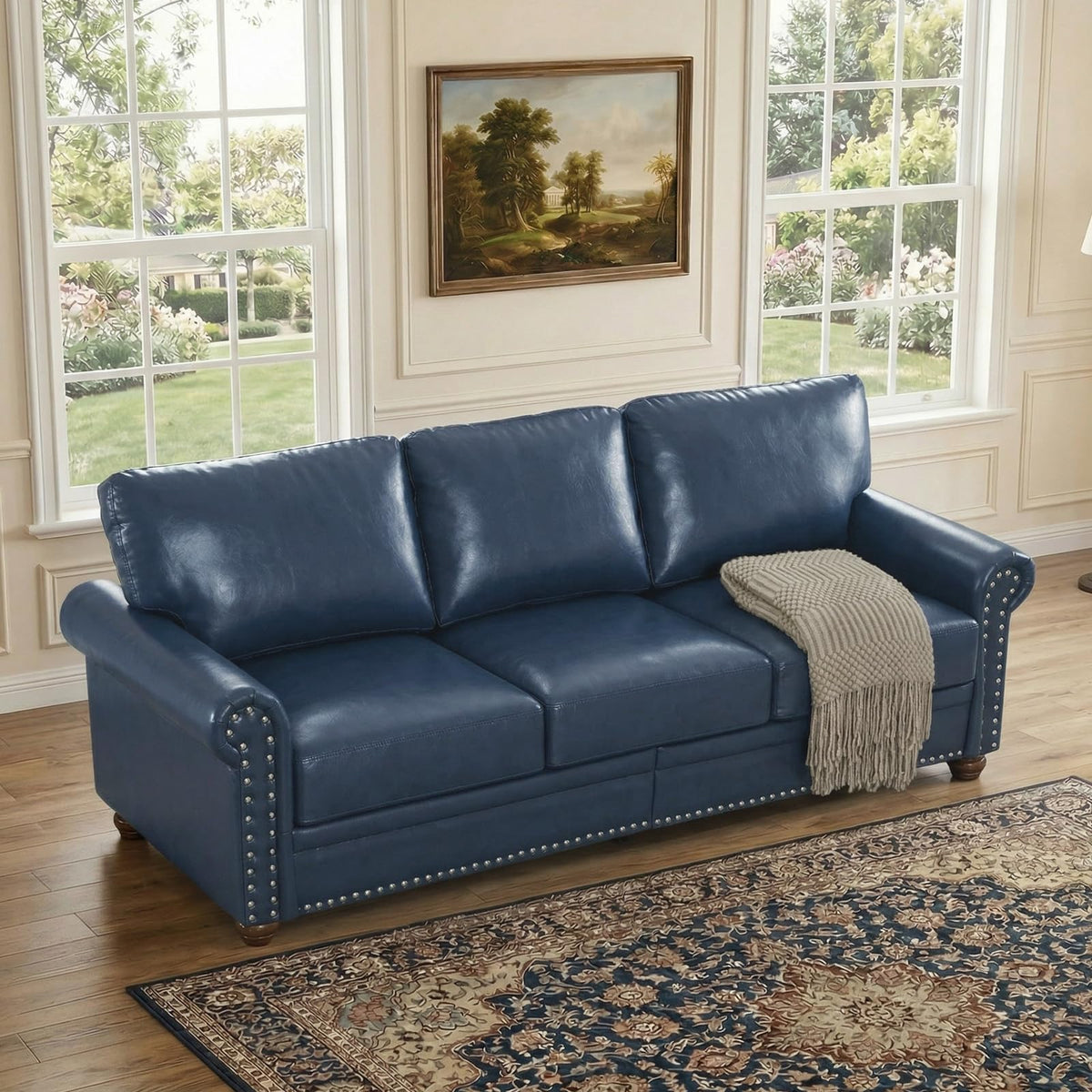 2 Piece Couch Sets for Living Room,Mid Century Modern Couch with Storage Nailhead Trim & Rolled Armrests,Deep Seat Comfy Couch,Furniture Set for Living Room,Bedroom,Office(Navy Blue,Loveseat+3 Seater)