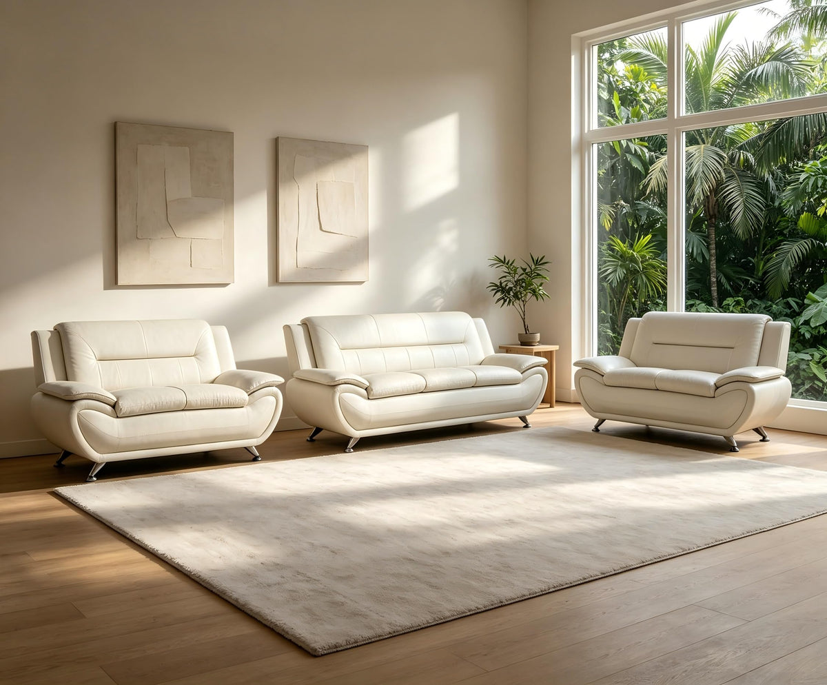 Creamy White Living Room Furniture Set, 2-Piece Modern Faux Leather Couches for Home, Living Room Sofa Sets, 3-Seater Sofa and Loveseat with Metal Feet, Couch Set for Bedroom, Hotel, Office