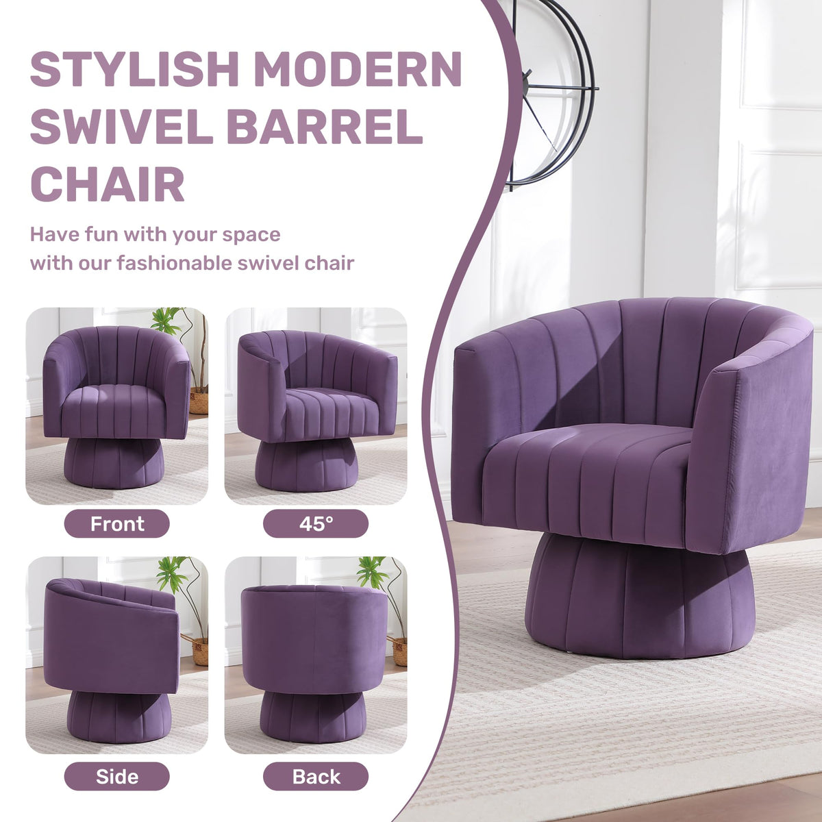 Swivel Accent Barrel Chair Set of 2, Cute Comfy Small Round 360Â° Arm Chair, Velvet Sofa Club Reading Chair for Living Room Bedroom Office Purple