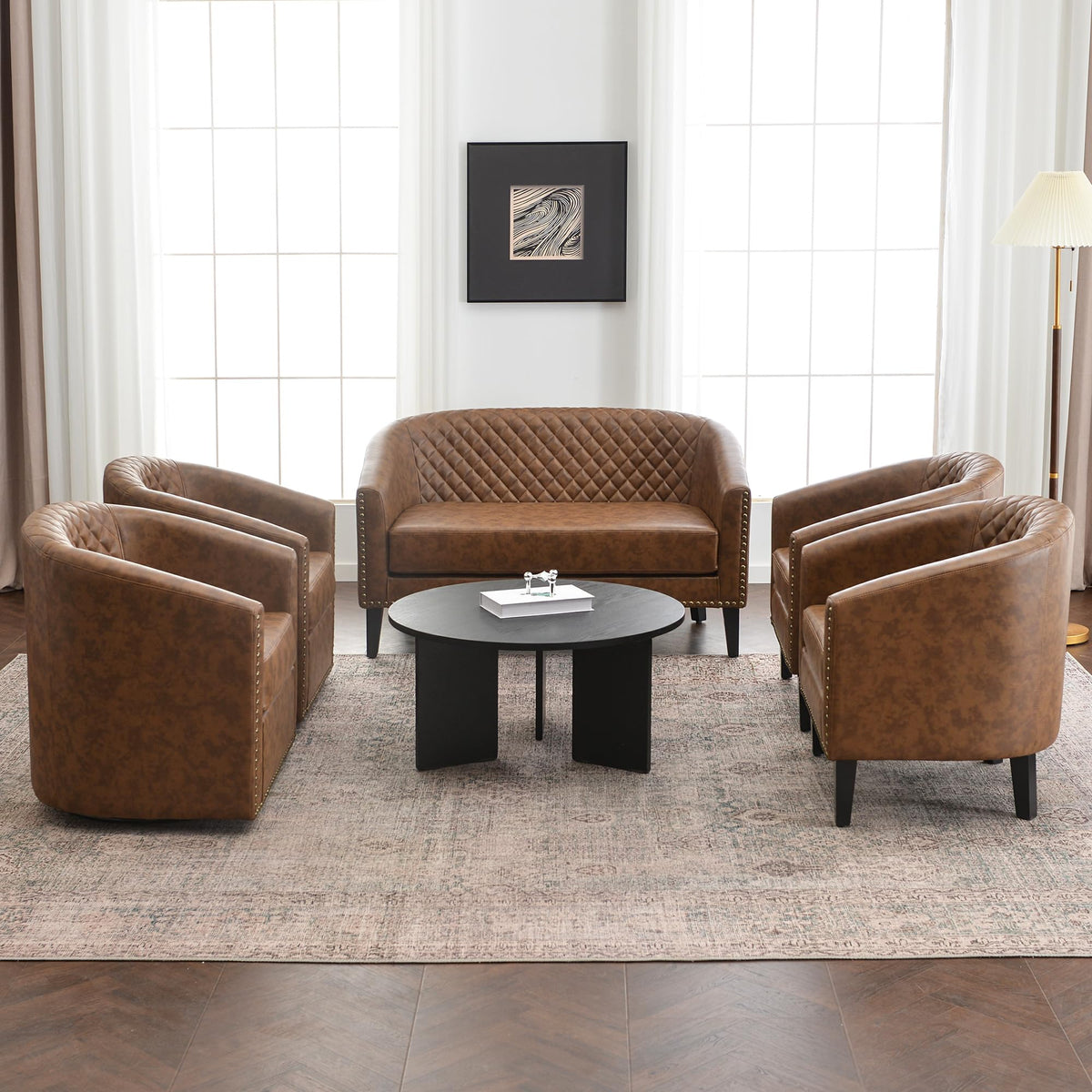 KINWELL 29" W Faux Leather Tufted PU Barrel Club Chairs Set of 2, Black