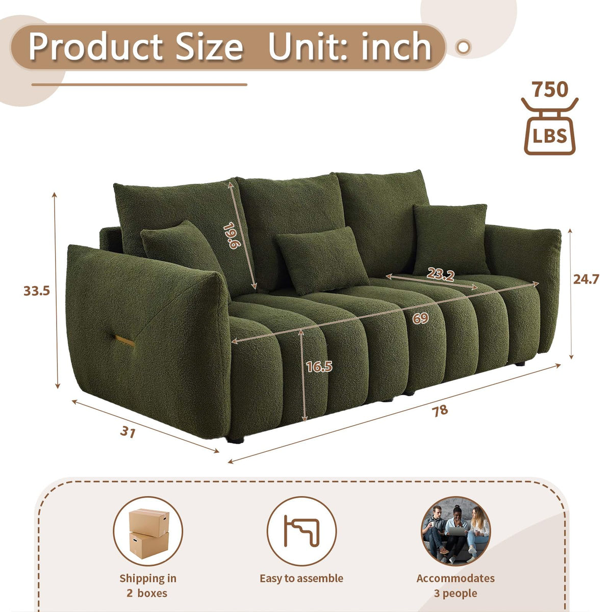 Antetek Teddy Fabric Sofa Set for Living Room, 2 Pieces Modern Deep Seat Oversized 3-Seater Cloud Boucle Couch for Bedroom, Office, Apartment, Furniture Set, 78-inch, Black (2 Pieces)