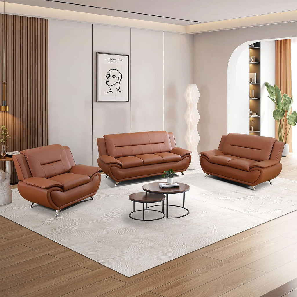 Modern Leather Sofa Set, Living Room Furniture, 3 - Piece Couch Set, Faux Leather Couch Loveseat Chair Set with Sturdy Legs for Living Room/Bedroom/Office,Black