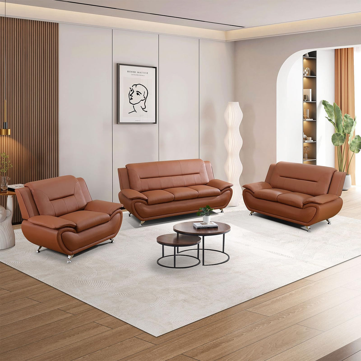 Modern Leather Sofa Set, Living Room Furniture, 3 - Piece Couch Set, Faux Leather Couch Loveseat Chair Set with Sturdy Legs for Living Room/Bedroom/Office,Black