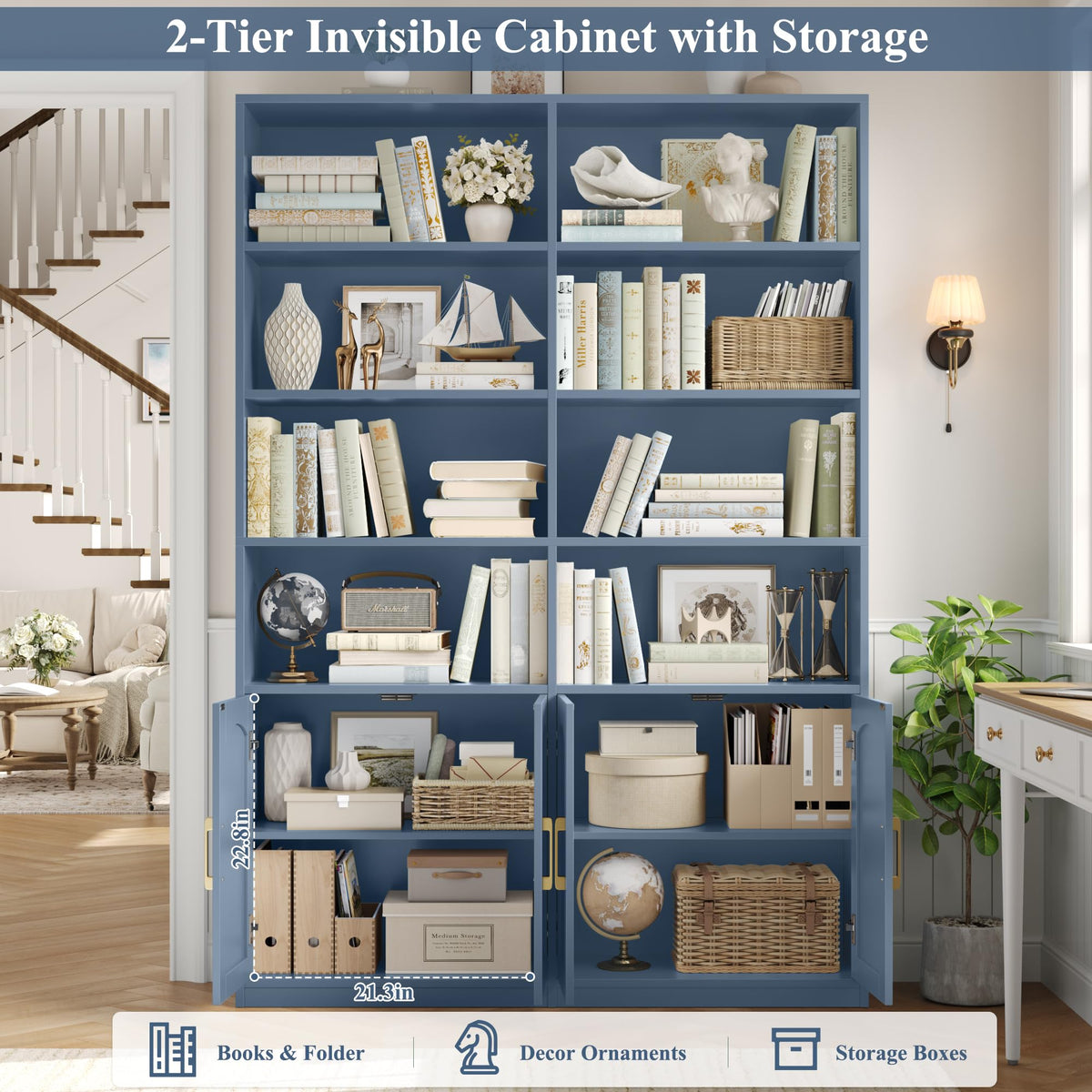 FACBOTALL Bookshelf and Bookcase with Doors, Double Wide Large Bookshelves