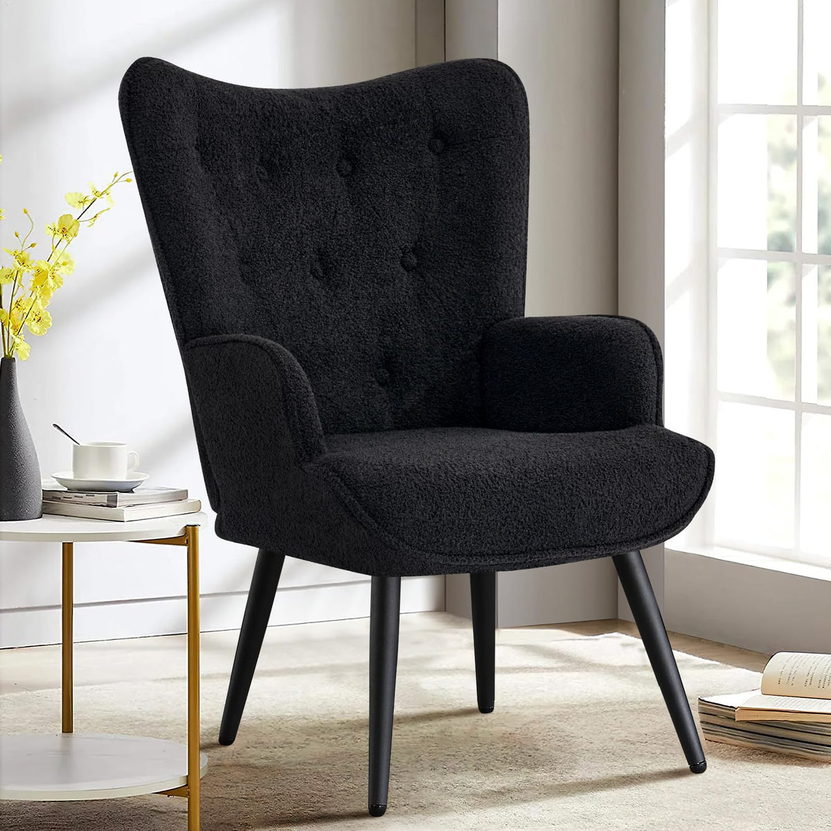 Furniliving PU Leather Accent Chair for Living Room, Upholstered Reading Chair with High Backrest, Tufted-Button Wingback Armchair for Bedroom, Dressing Room, Home Office, Brown, Set of 2
