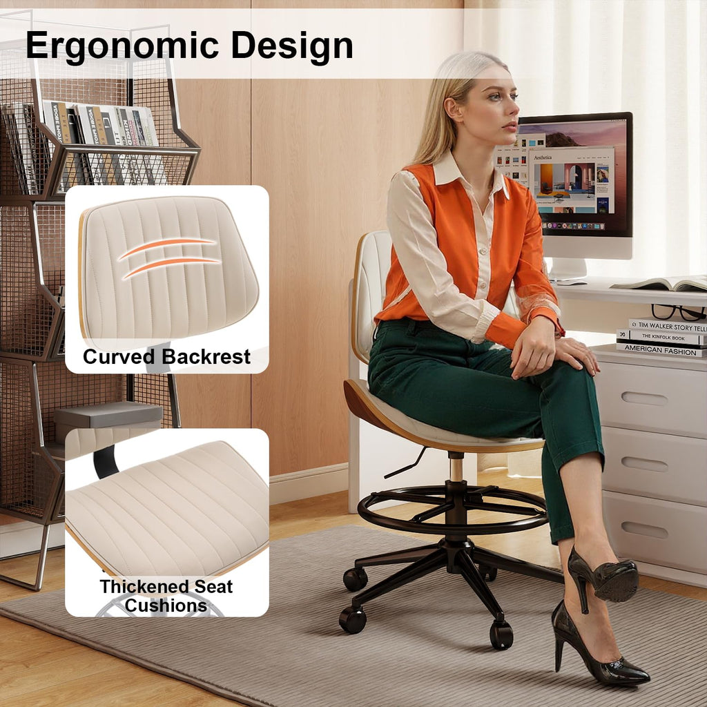 Drafting Chair, Ergonomic Office Chair with Walnut Wood Back Support, Armless PU Leather Desk Chair with Height-Adjustable, Thick Cushion for Home Office, Drafting, Art Studio (Black)