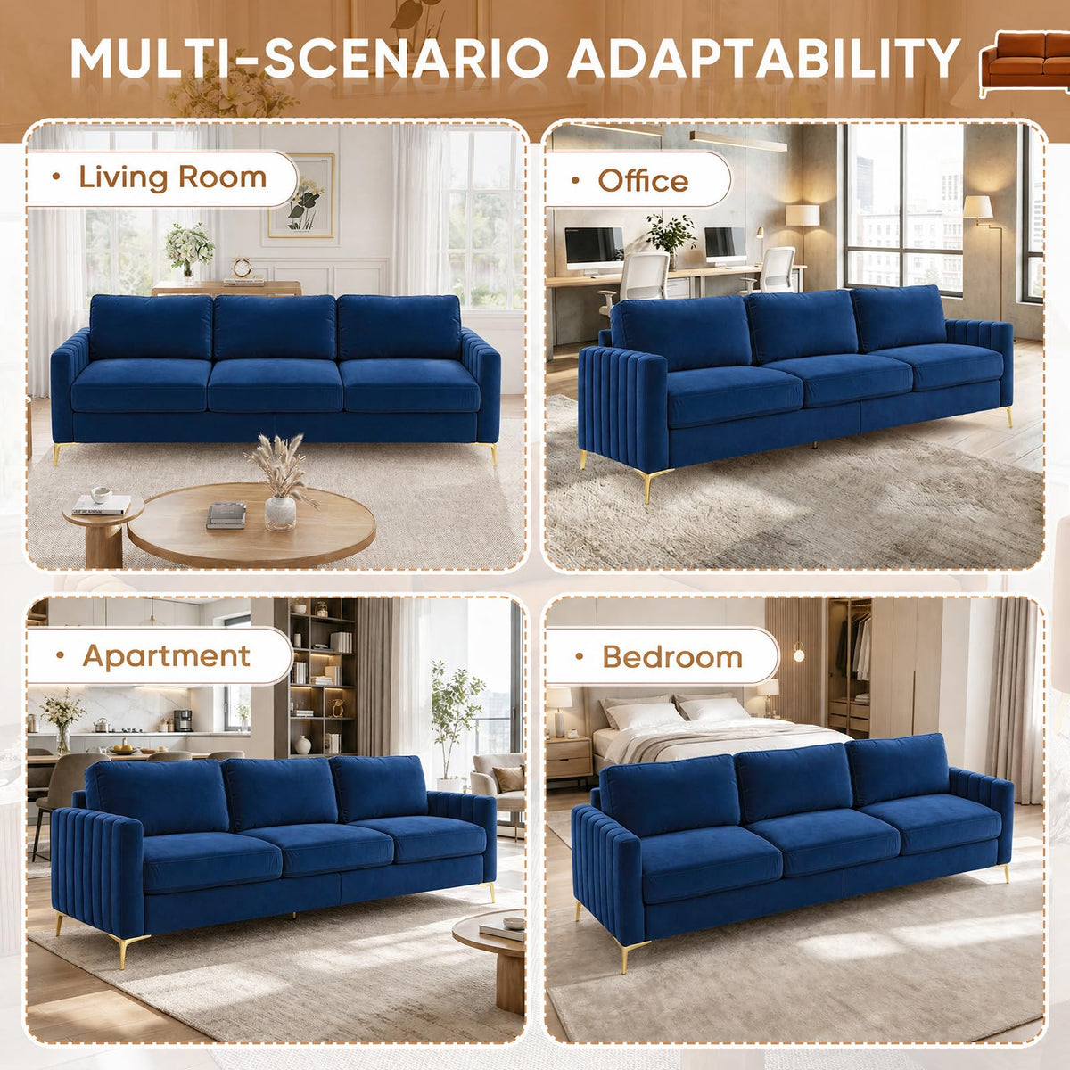 2 Piece Sofa and Loveseat Set, Comfy Tufted Velvet Couch and Loveseat Sets Furniture with Gold Leg, Mid Century Modern Couch Soft Upholstered Sofa Set of 2 for Living Room Bedroom Office (Navy Blue)