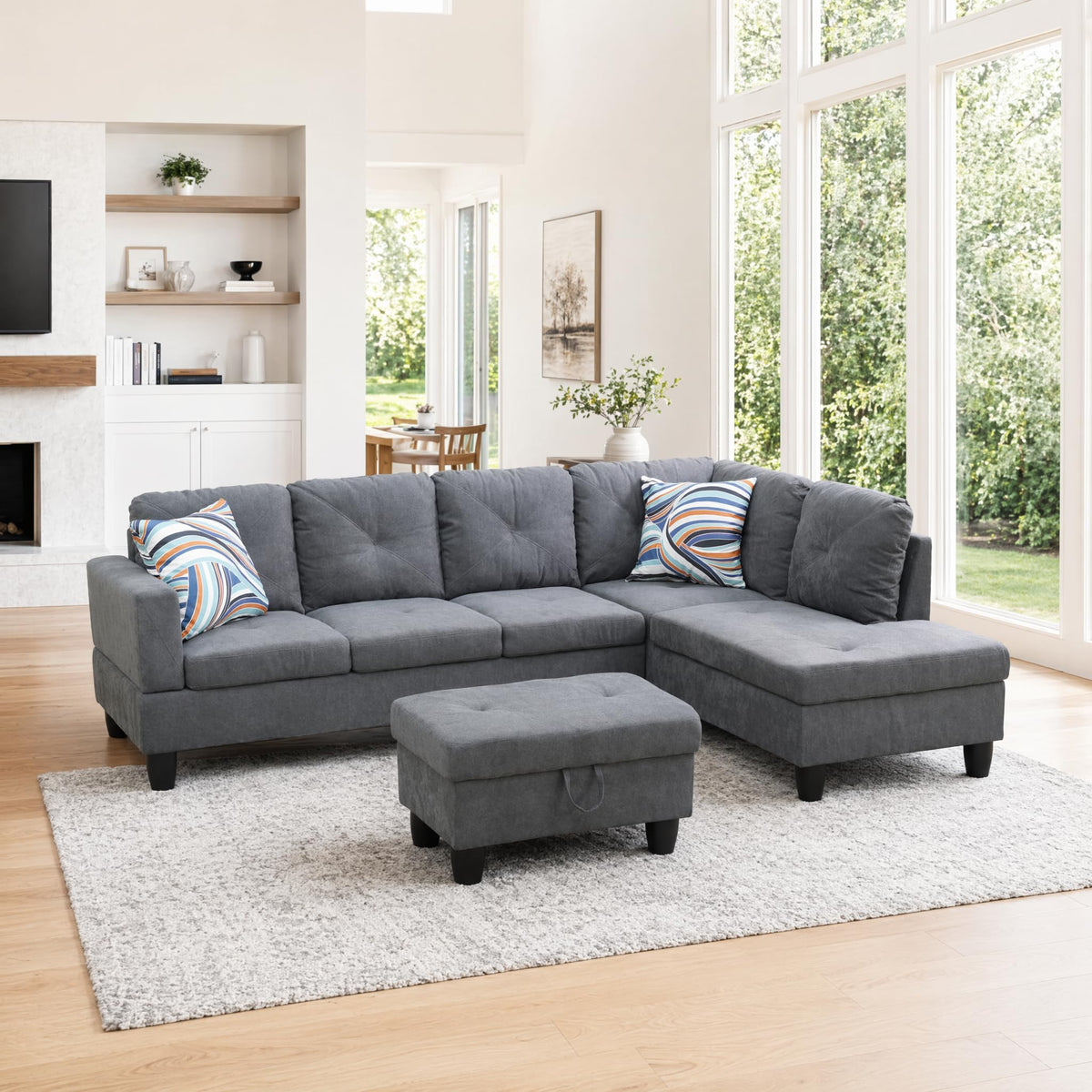 97.5" Leather L Shaped Couch with Left Chaise & Cup Holder, Sectional Sofas Modular Furniture Set with Storage Ottoman, Convertible Couches for Living Room, Office & Small Space (Black)