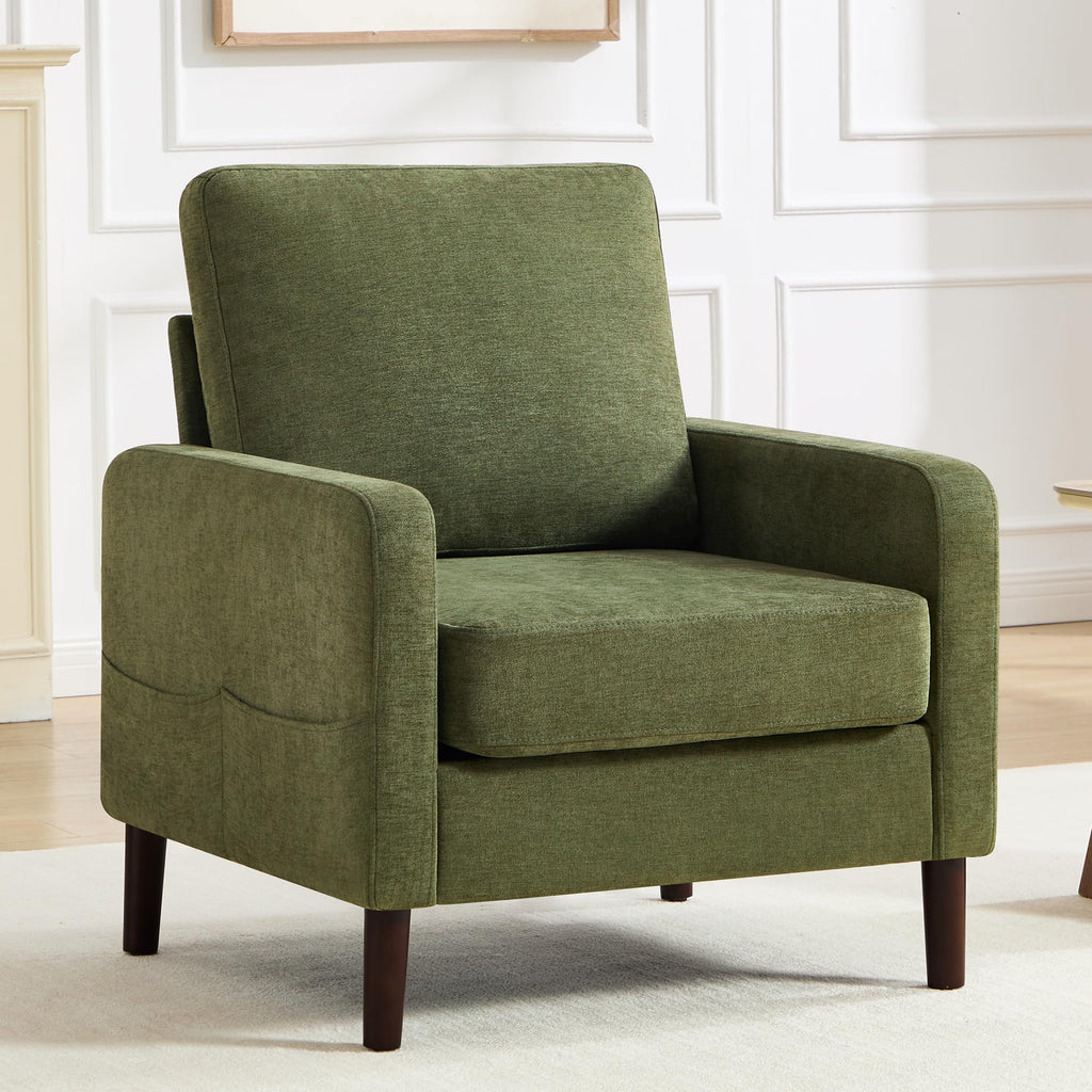 Accent Chair Set of 2, Upholstered Living Room Chairs with Wood Legs and Side Pockets, Modern Reading Chair for Bedroom, Armchair Single Sofa Side Chair for Office, Small Room, Dark Grey
