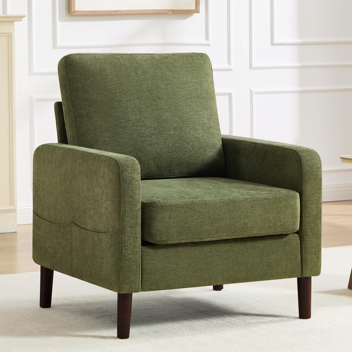 Accent Chair Set of 2, Upholstered Living Room Chairs with Wood Legs and Side Pockets, Modern Reading Chair for Bedroom, Armchair Single Sofa Side Chair for Office, Small Room, Dark Grey