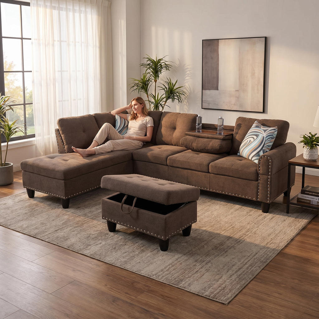 97.5" Leather L Shaped Couch with Left Chaise & Cup Holder, Sectional Sofas Modular Furniture Set with Storage Ottoman, Convertible Couches for Living Room, Office & Small Space (Black)