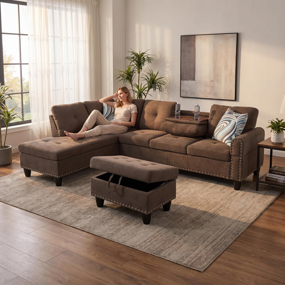 97.5" Leather L Shaped Couch with Left Chaise & Cup Holder, Sectional Sofas Modular Furniture Set with Storage Ottoman, Convertible Couches for Living Room, Office & Small Space (Black)