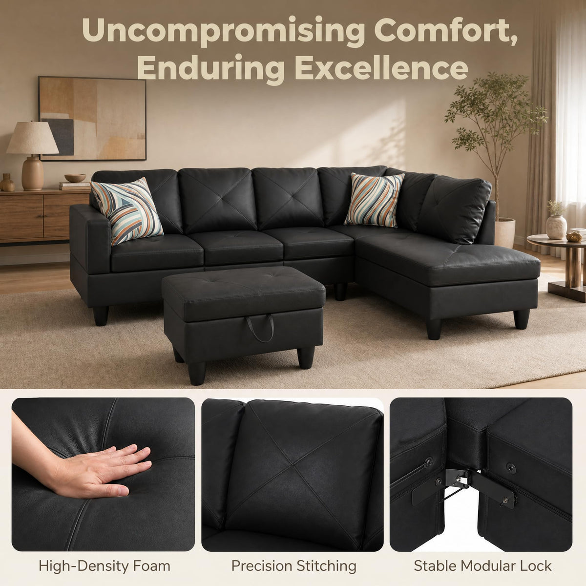 97.5" Leather L Shaped Couch with Left Chaise & Cup Holder, Sectional Sofas Modular Furniture Set with Storage Ottoman, Convertible Couches for Living Room, Office & Small Space (Black)