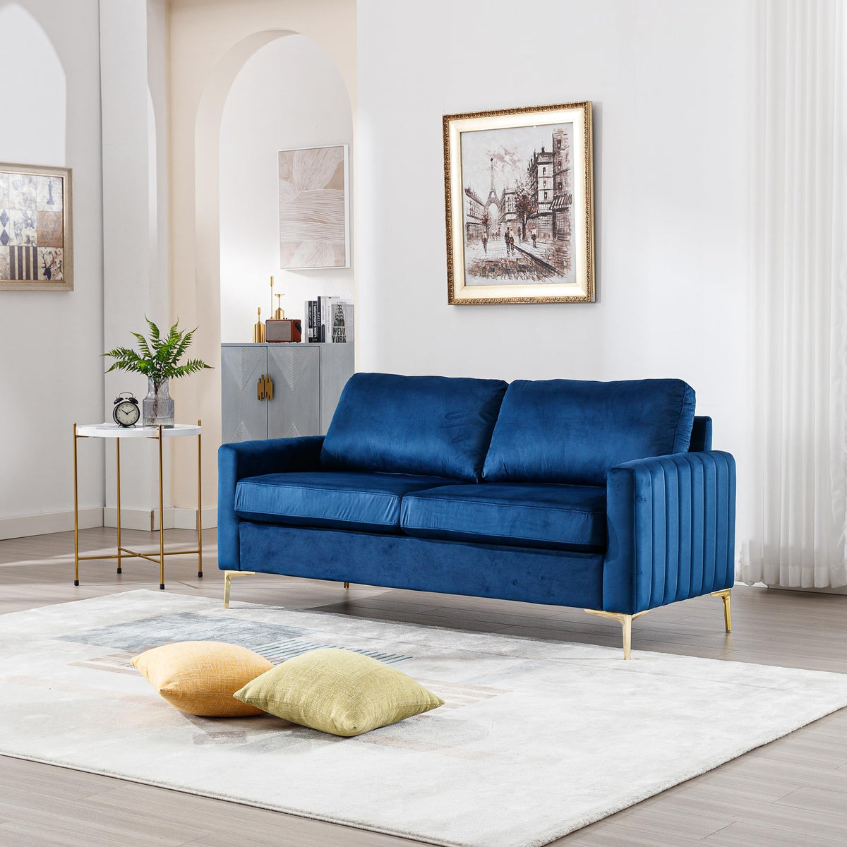 2 Piece Sofa and Loveseat Set, Comfy Tufted Velvet Couch and Loveseat Sets Furniture with Gold Leg, Mid Century Modern Couch Soft Upholstered Sofa Set of 2 for Living Room Bedroom Office (Navy Blue)