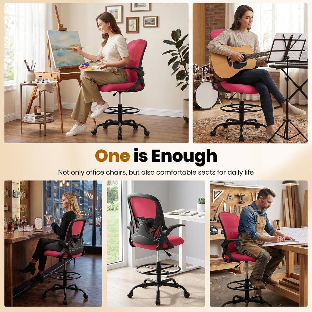 Drafting Chair Tall Office Chair with Flip-up Armrests, Adjustable Height, and Enhanced Lumbar Support - Ergonomic Rolling Stool, Back Support, and Adjustable Foot Rest Ring for Standing Desk White