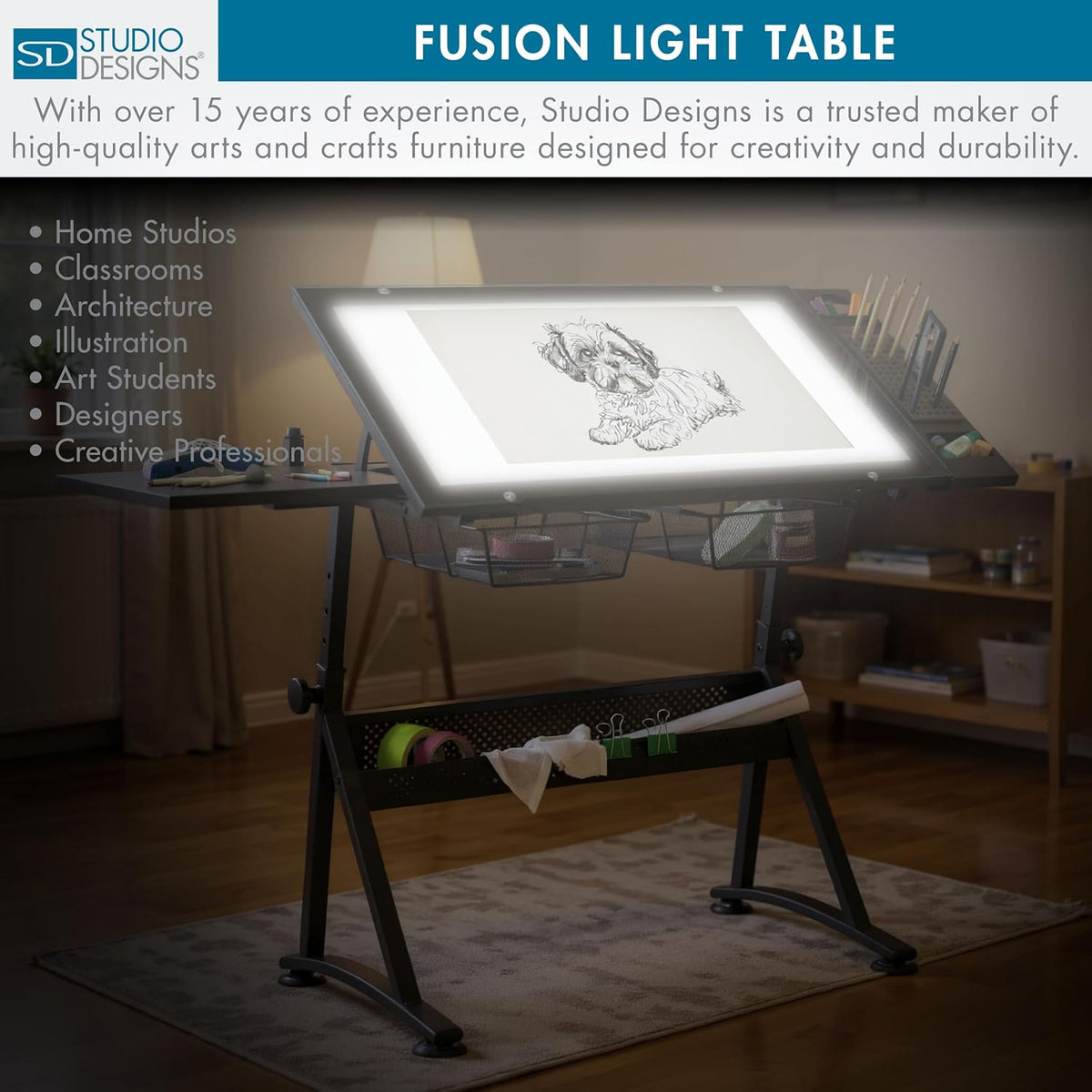 Studio Designs Fusion Drafting Table with Integrated LED Light Pad, Height & Angle Adjustable Tempered Glass Light Table, Artograph Light Pad, Storage Drawers & Side Shelf