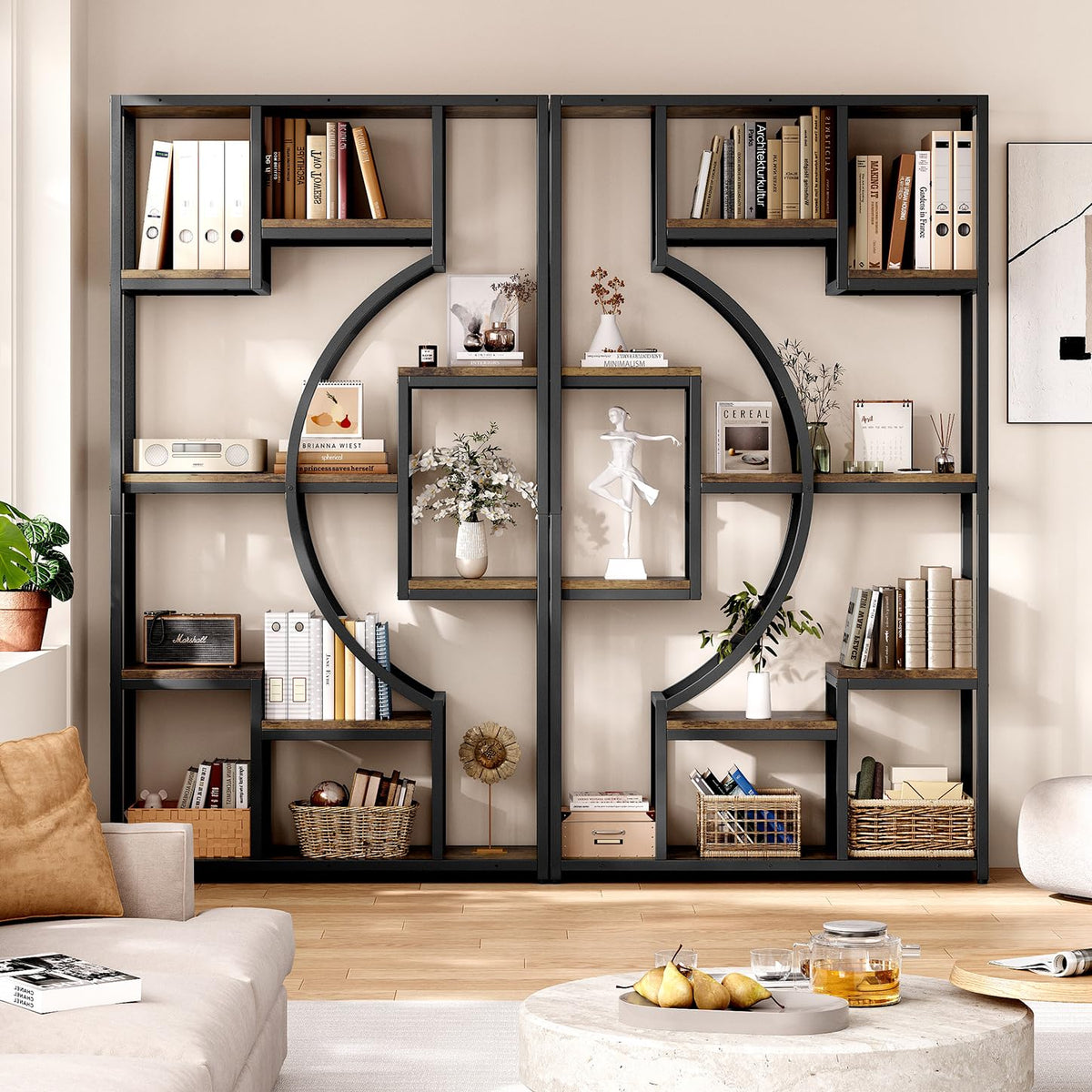 LGHM Industrial 5-Tier Bookshelf with Storage, 70.9 Inch Tall Large Display Bookcase - Modern Metal Standing Shelves for Living Room, Office and Bedroom, Set of 2, Greige