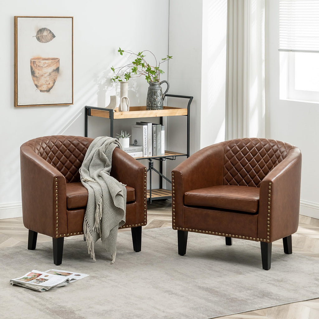 KINWELL 29" W Faux Leather Tufted PU Barrel Club Chairs Set of 2, Black
