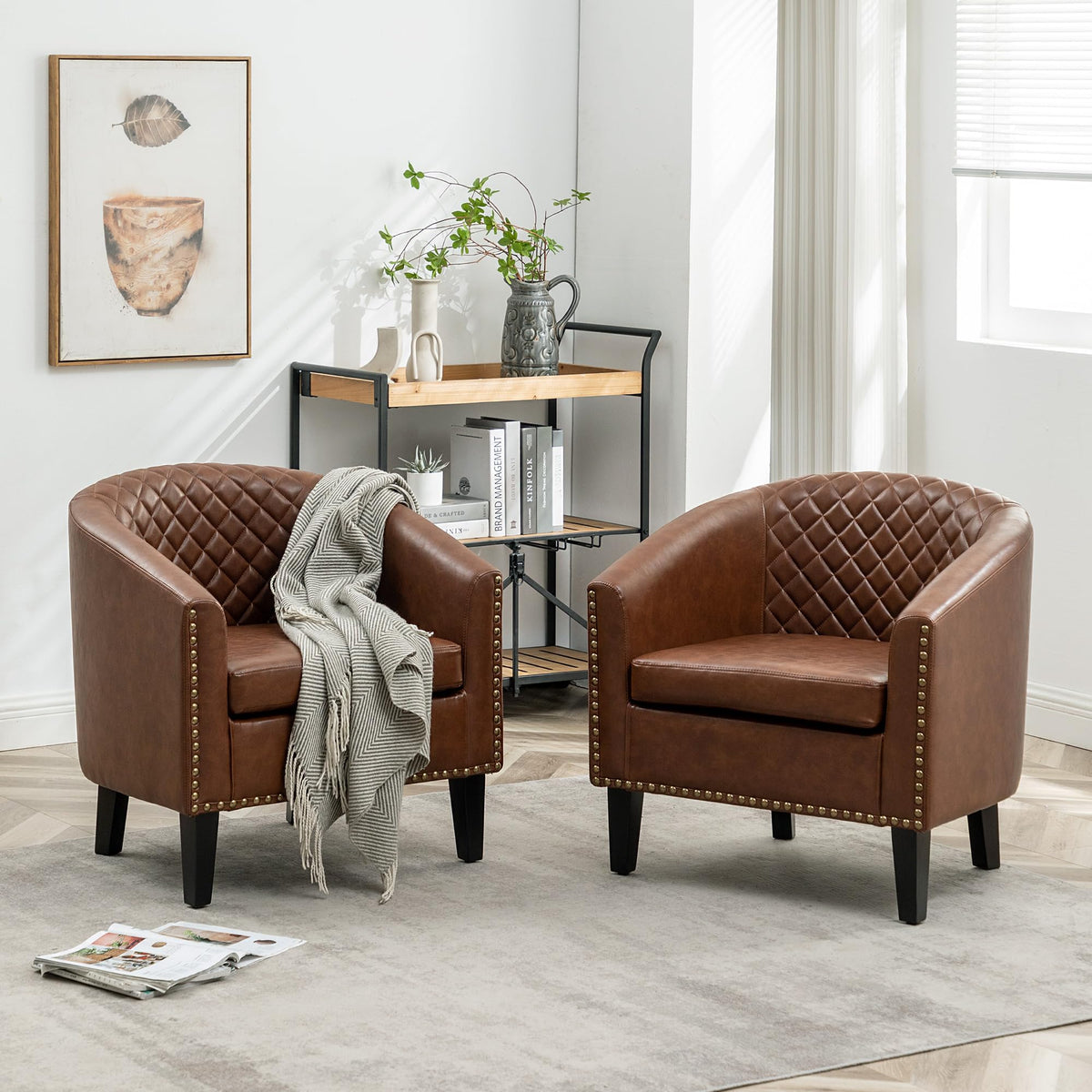 KINWELL 29" W Faux Leather Tufted PU Barrel Club Chairs Set of 2, Black