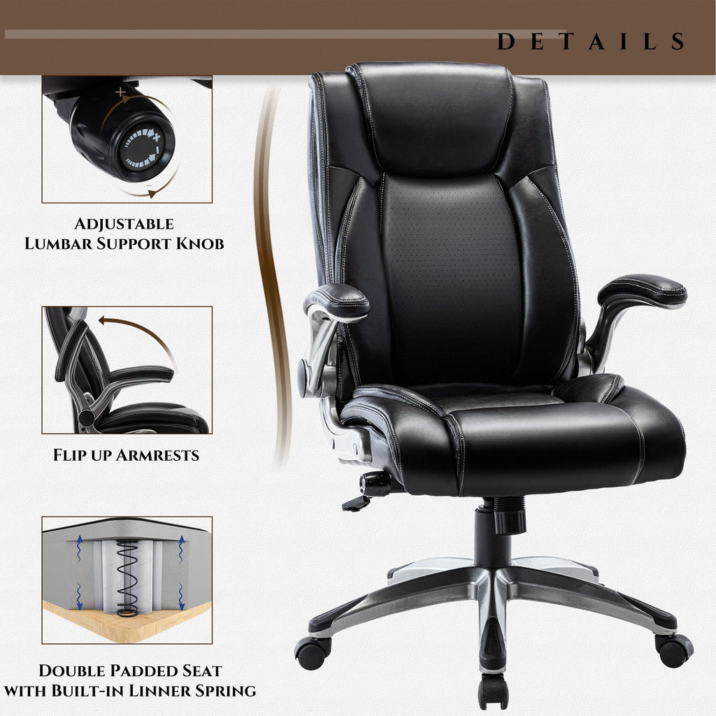 COLAMY High Back Executive Office Chairs, Ergonomic PU Leather Desk Chairs with Flip-Up Armrests, Adjustable Height, Lumbar Support, Comfortable Computer Chairs for Home Office, Set of 2