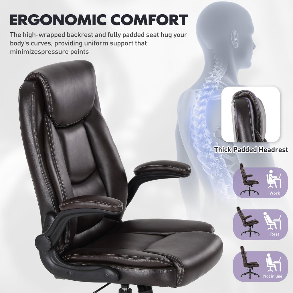 300lbs Capacity Executive Desk Chair with Ergonomic Lumbar Support, Flip-up Arms & High Back Leather Computer Chair for Home/Office, Black