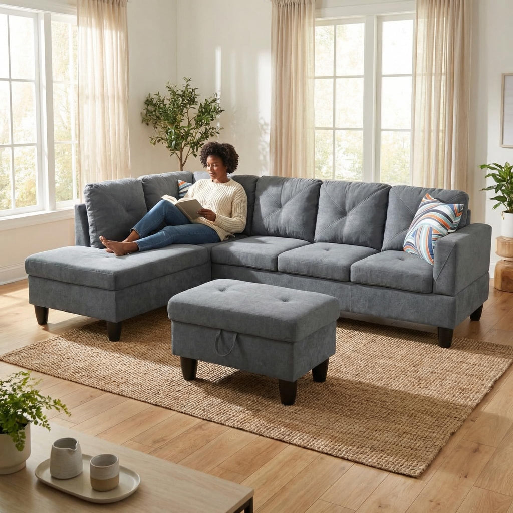 97.5" L-Shaped Modular Sectional Sofa with Movable Chaise & Storage Ottoman, 3 Piece Convertible Leather Couch, 4 Seat Gloss Black Living Room Furniture Set for Apartment Home Office