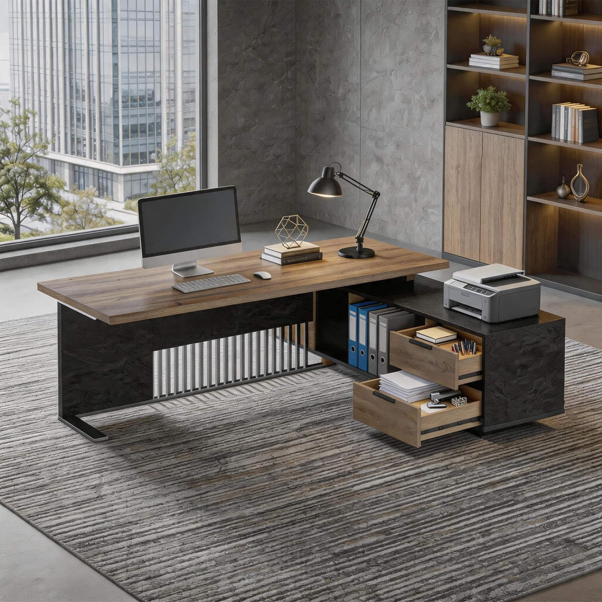 78.7 Inch Large Executive Desk with Drawers Cabinet, L Shaped Office Desk, Computer Desk with Universal Charging Ports and Cable Management for Business Furniture Set Workstation for Home Office