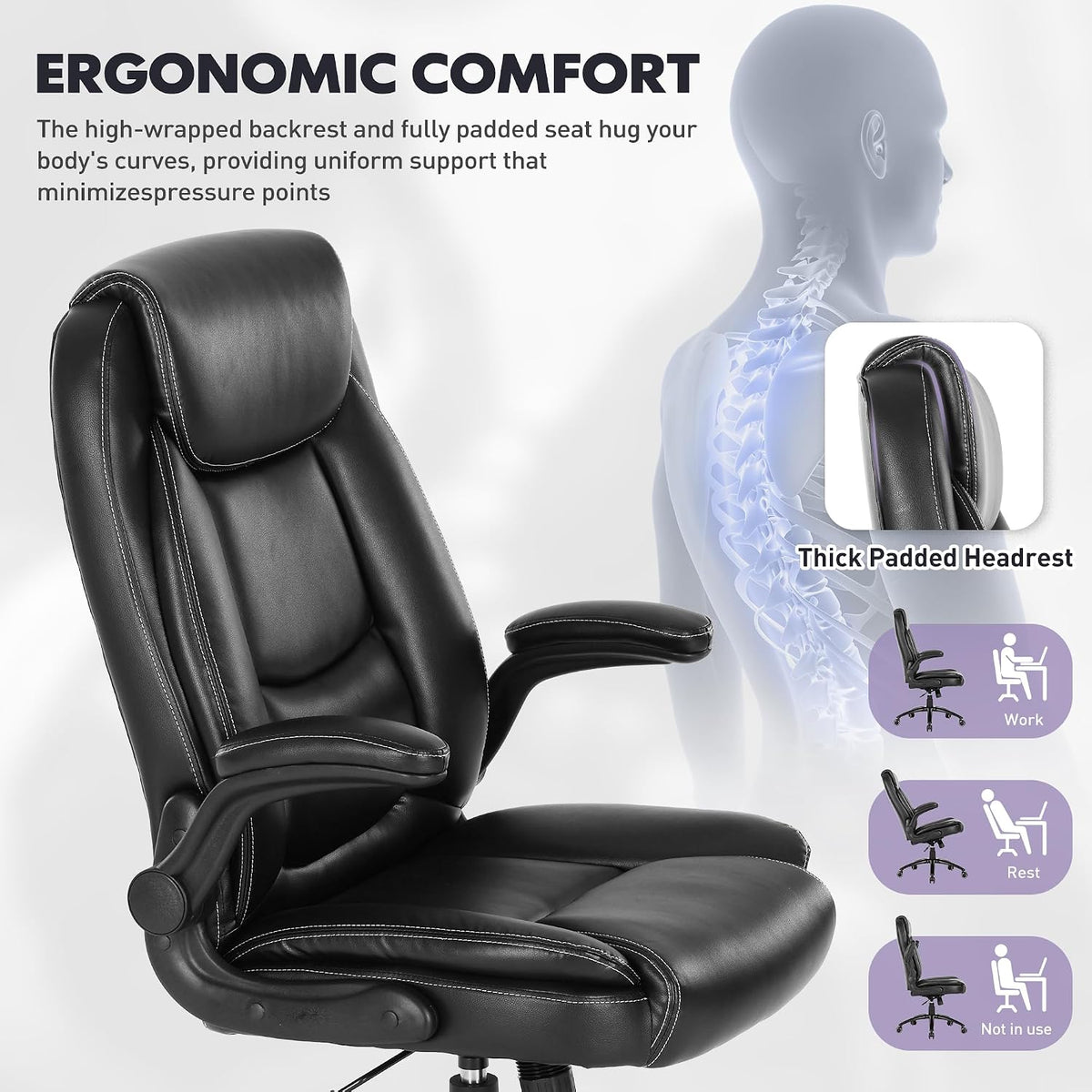 300lbs Capacity Executive Desk Chair with Ergonomic Lumbar Support, Flip-up Arms & High Back Leather Computer Chair for Home/Office, Black