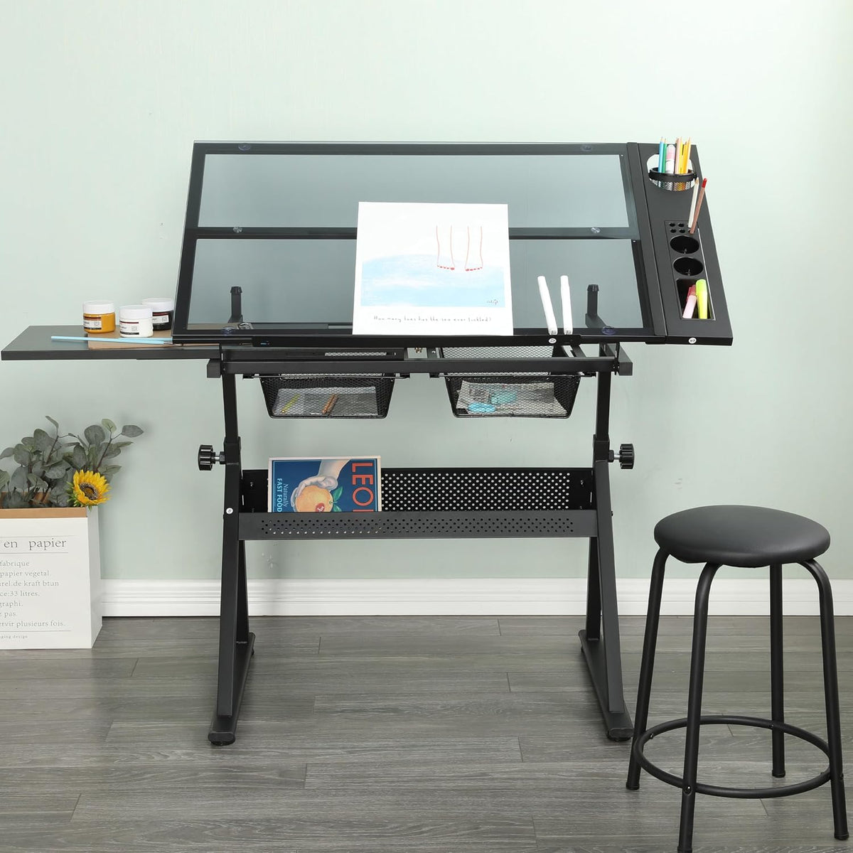 Drafting Table with Stool and Storage, Adjustable Drawing Desk with Metal Drawers, Extended Craft Table Diamond Painting Work Station, Tilting Art Desk for Home Office, Crafting & Painting, Black