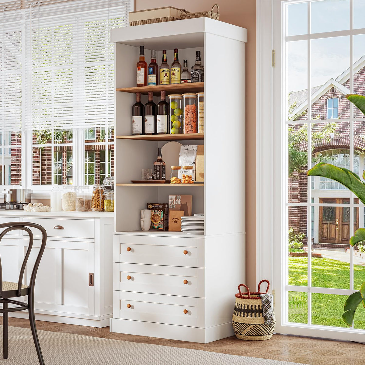 Vyre 71" Tall Farmhouse Bookshelves with Drawers, Set of 3 â Large Modular Bookcase with Adjustable Shelves, Storage Cabinet for Living Room, Kitchen, Home Office, Brown