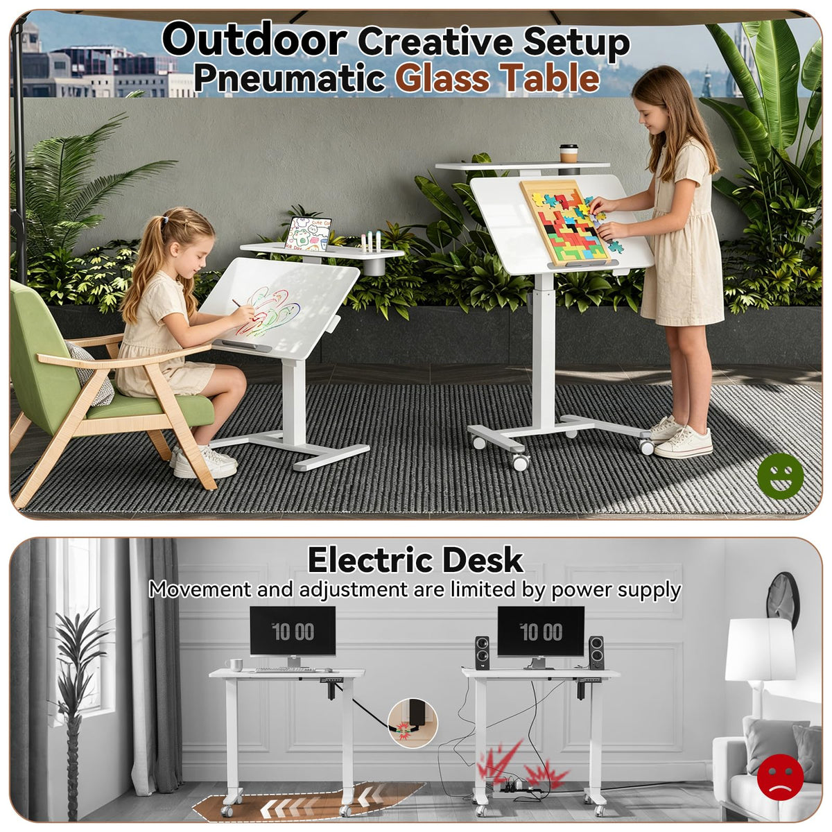 28" Mobile Standing Desk, Tiltable Top with 2-Tier Shelves, White