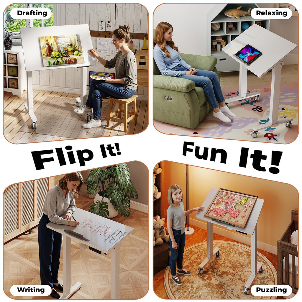 35" Glass Standing Desk, 90Â° Tilt Height Adjustable Drafting Table