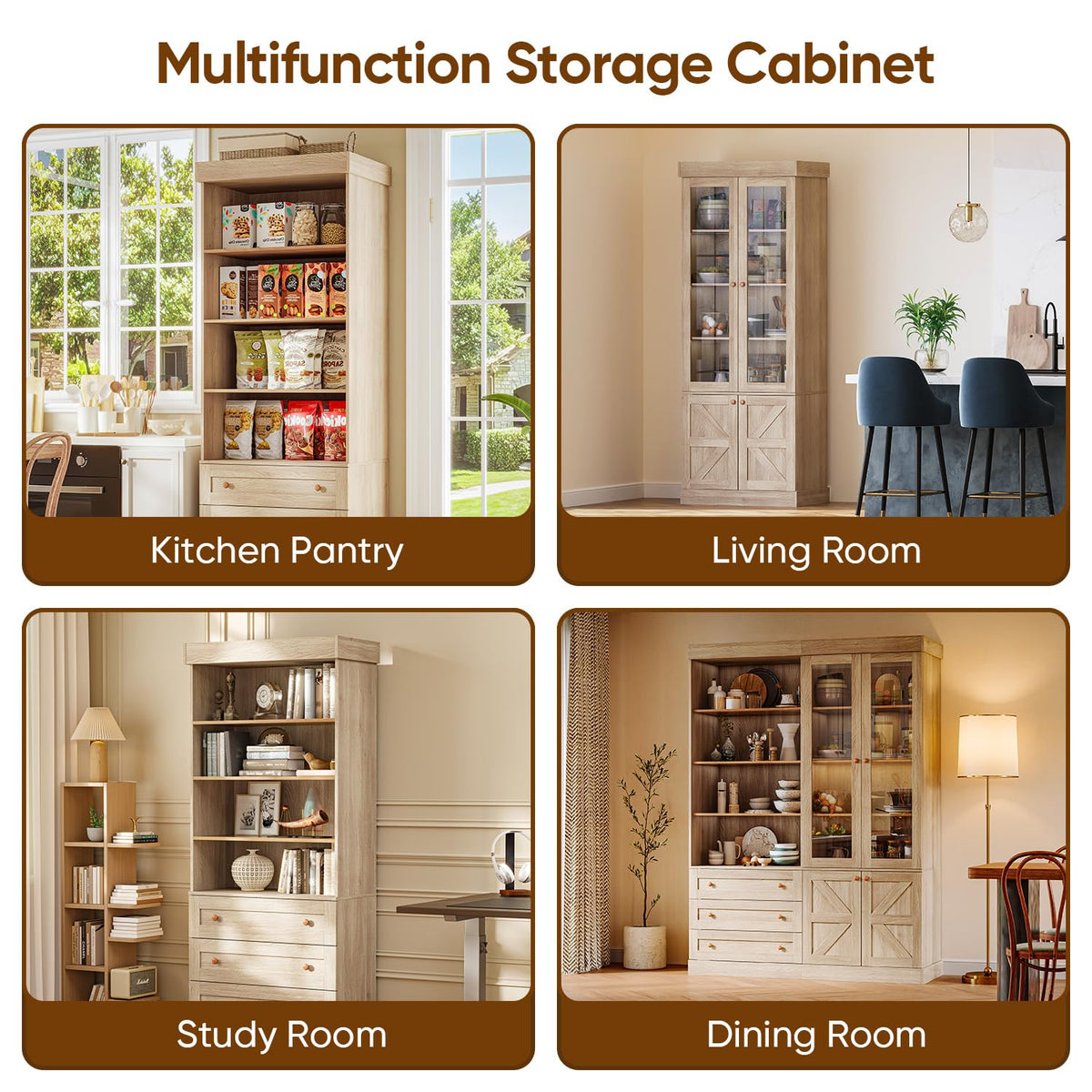 Vyre 71" Tall Farmhouse Bookshelves with Drawers, Set of 3 â Large Modular Bookcase with Adjustable Shelves, Storage Cabinet for Living Room, Kitchen, Home Office, Brown